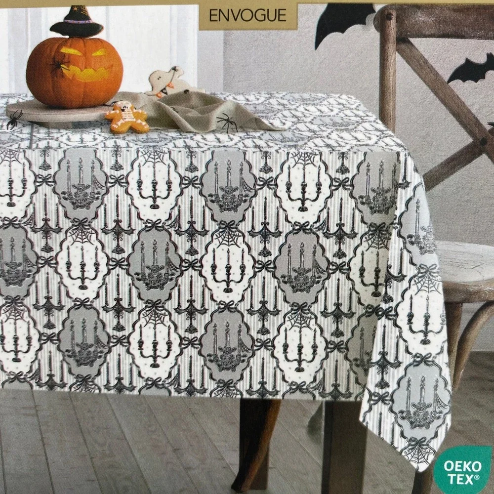 Madame Bones Tablecloth Halloween 60x120 Oblong Grey Gothic Skull Candelabra